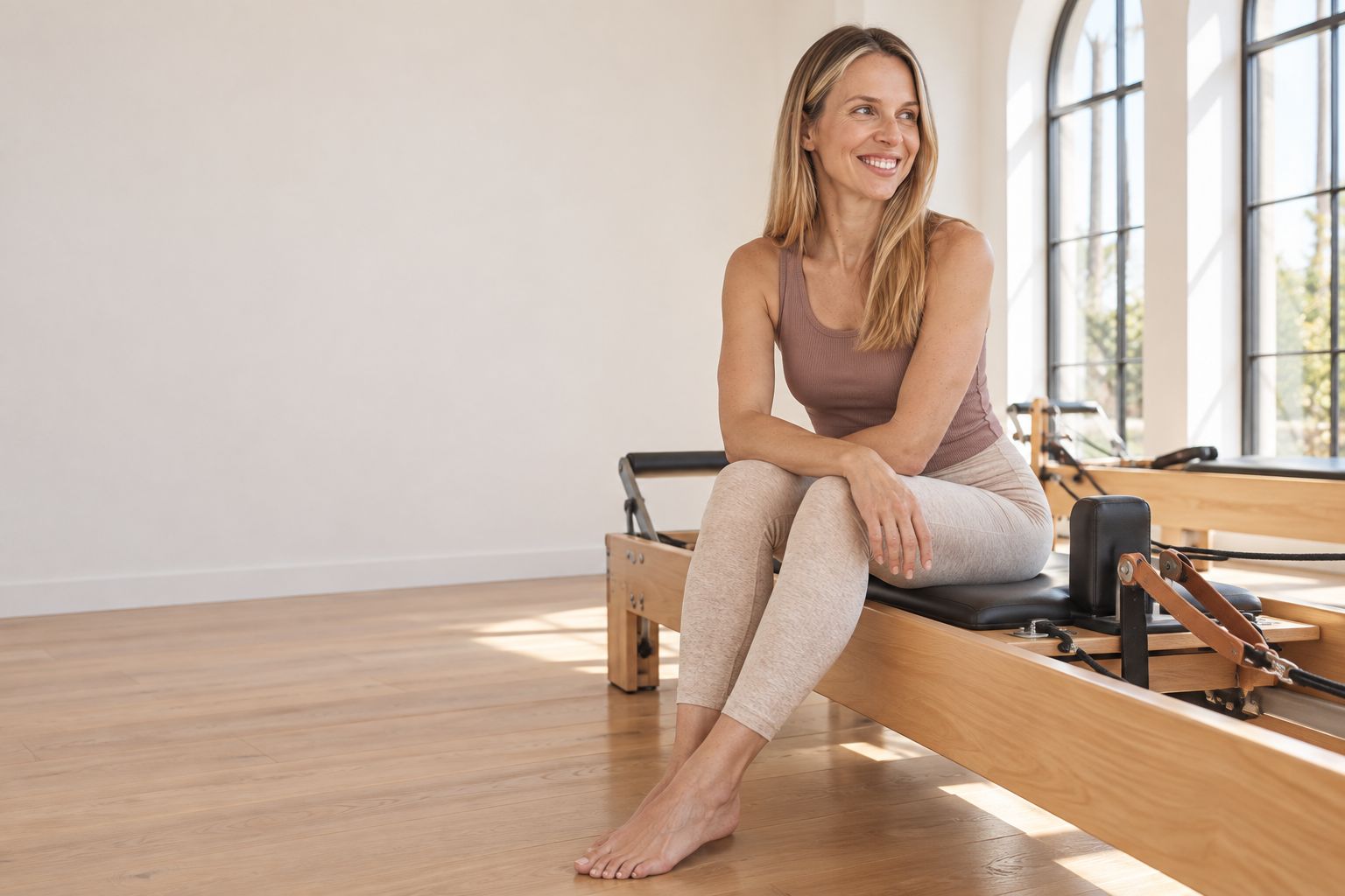 Nina seated on a classical Pilates reformer by tall windows