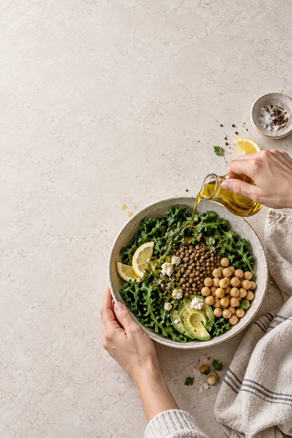 Hands finishing a bowl of greens and legumes